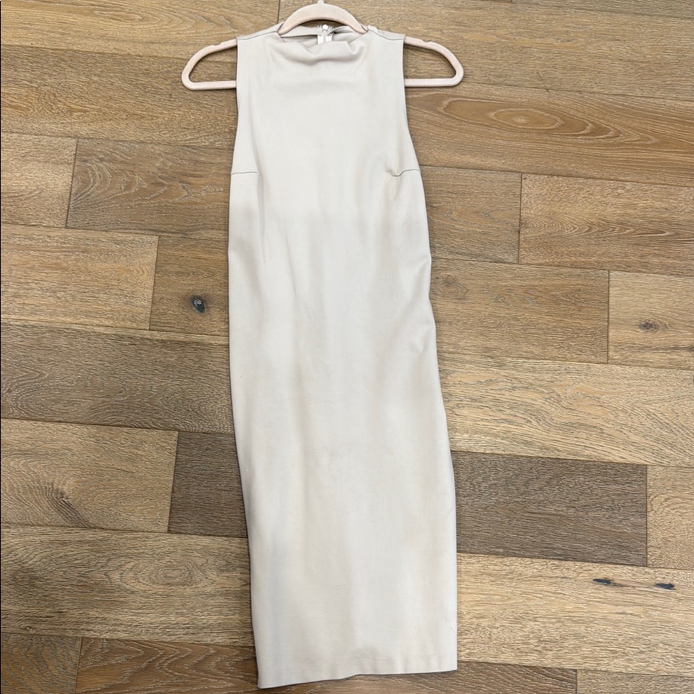 Babaton Cream Sheath Midi Dress Mock Neck Sleeveless